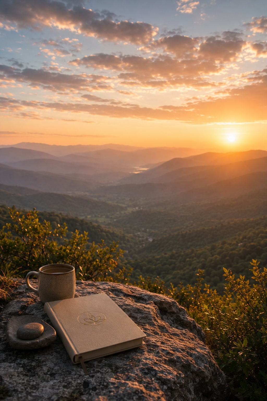 Sunrise over a peaceful mountain landscape with a journal and coffee, representing spiritual development, self-reflection, an